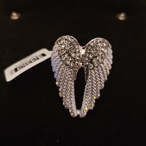 Off Park Collection, Silver Tone White Crystal Heart Shaped Angel Wing Ring Sz 9